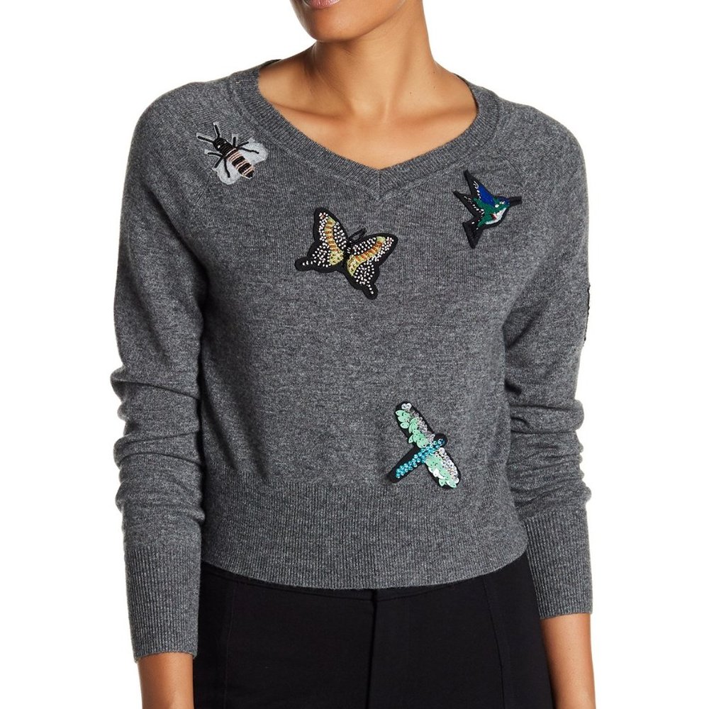 Cinq à Sept Gray V-Neck Sweater with Embroidered Insects